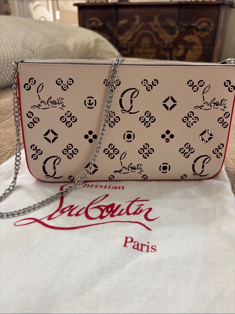 Christian Louboutin Loubila Beige Laser-Cut Logo Crossbody with Red Trim